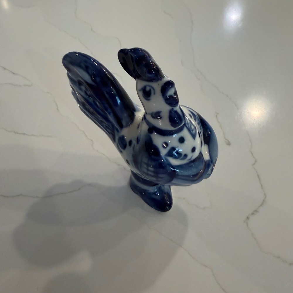 Vintage Gzhel Russian Porcelain Rooster Figurine Blue White Hand Painted Boots